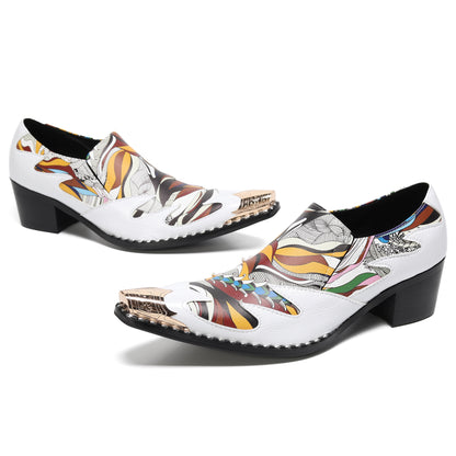 Mens Top-Grain Leather Printed Patchwork Cuban Heel Western Loafers