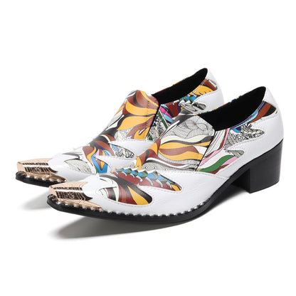 Mens Top-Grain Leather Printed Patchwork Cuban Heel Western Loafers