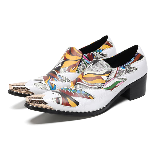 Mens Top-Grain Leather Printed Patchwork Cuban Heel Western Loafers