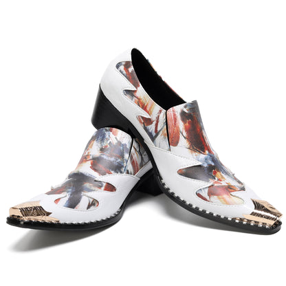 Mens Top-Grain Leather Cuban Heel Metal Toe Cap Western Loafers