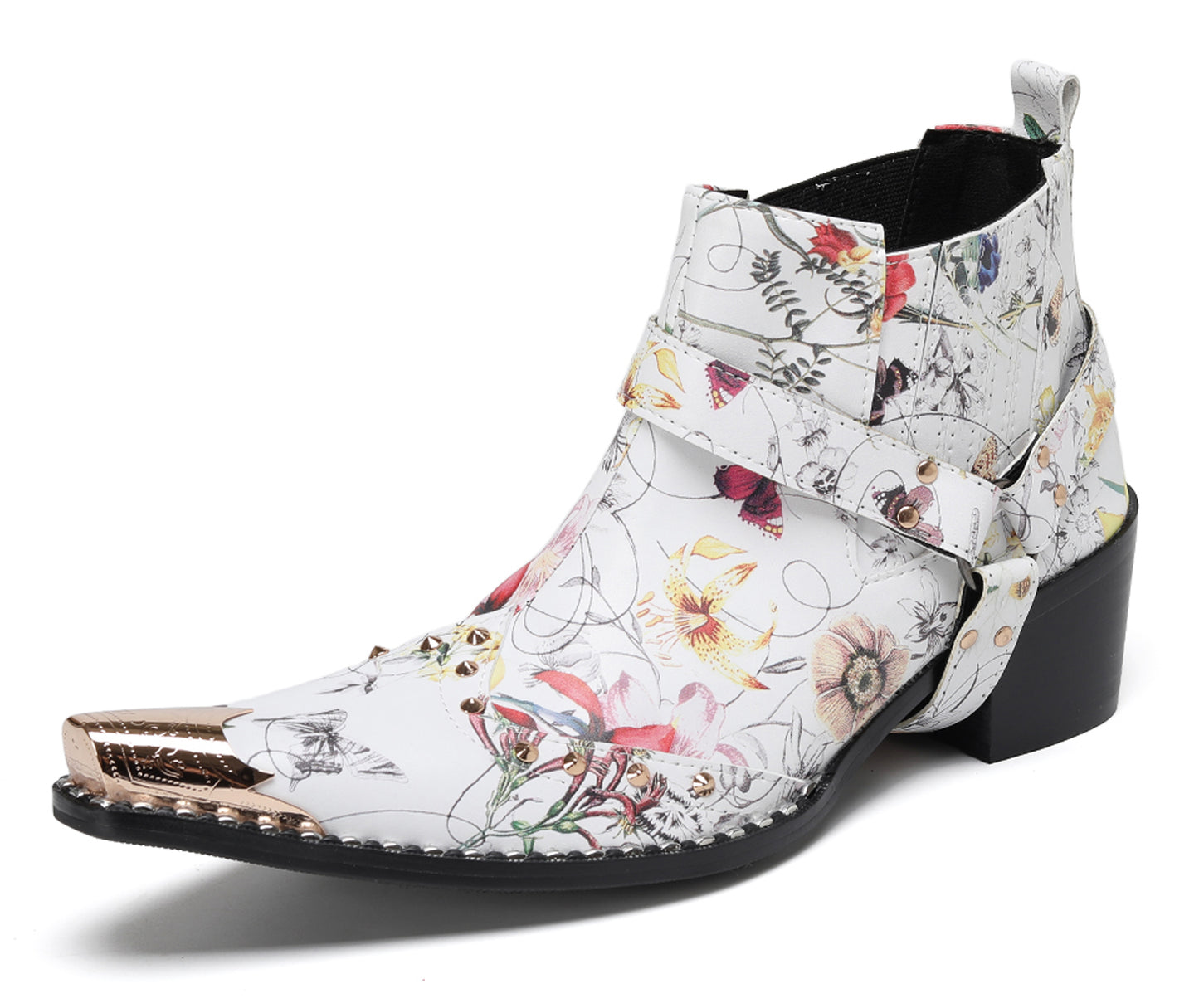 Mens Floral PrintBelt Buckle Studded Ankle Western Chelsea Boots