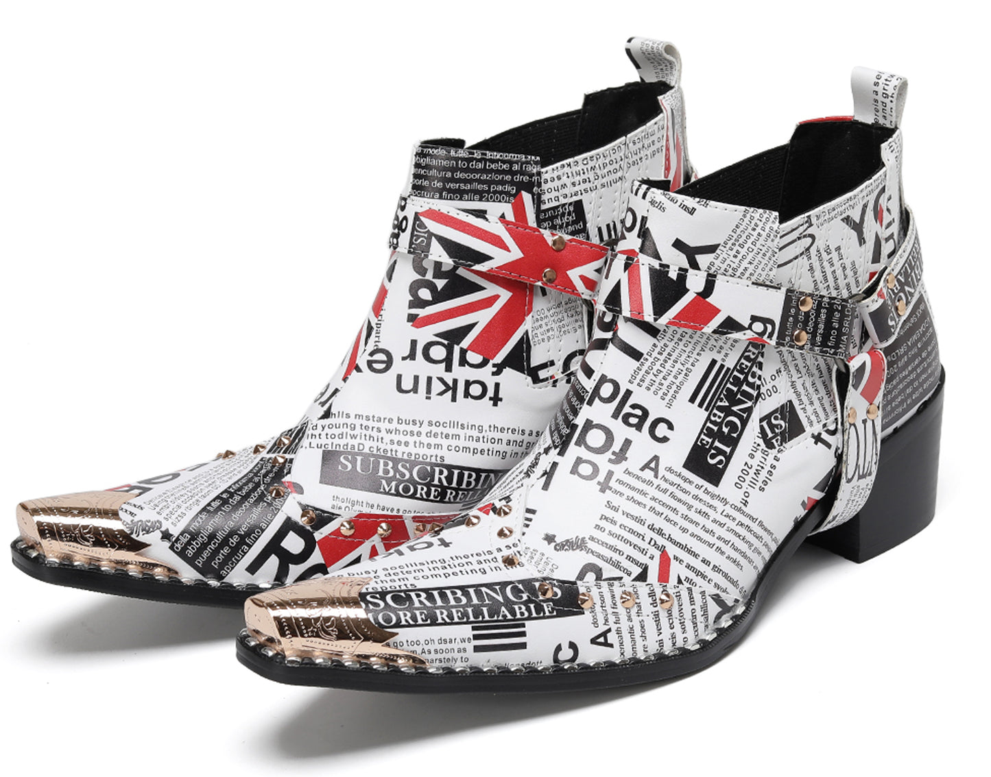 Mens Newspaper Print Union Jack Graphic Studded Ankle Western Chelsea Boots