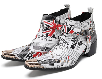 Mens Newspaper Print Union Jack Graphic Studded Ankle Western Chelsea Boots