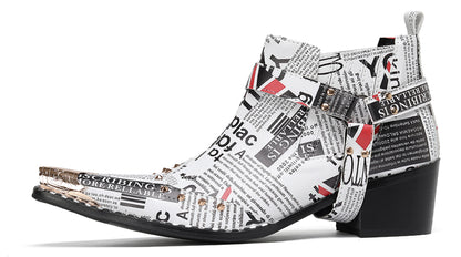 Mens Newspaper Print Union Jack Graphic Studded Ankle Western Chelsea Boots