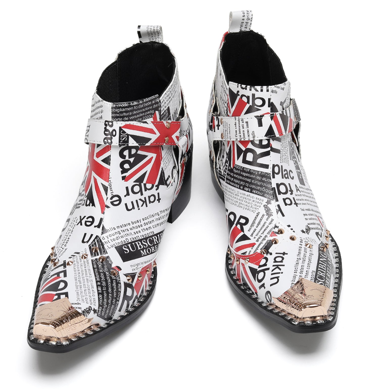 Mens Newspaper Print Union Jack Graphic Studded Ankle Western Chelsea Boots