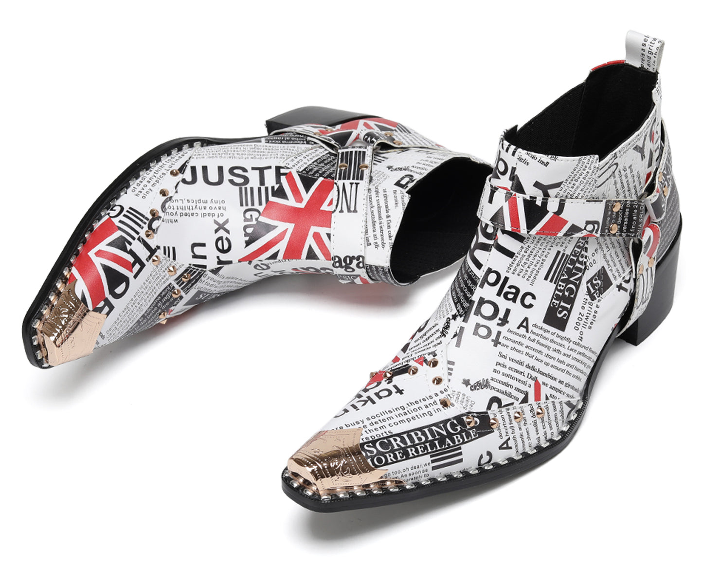 Mens Newspaper Print Union Jack Graphic Studded Ankle Western Chelsea Boots