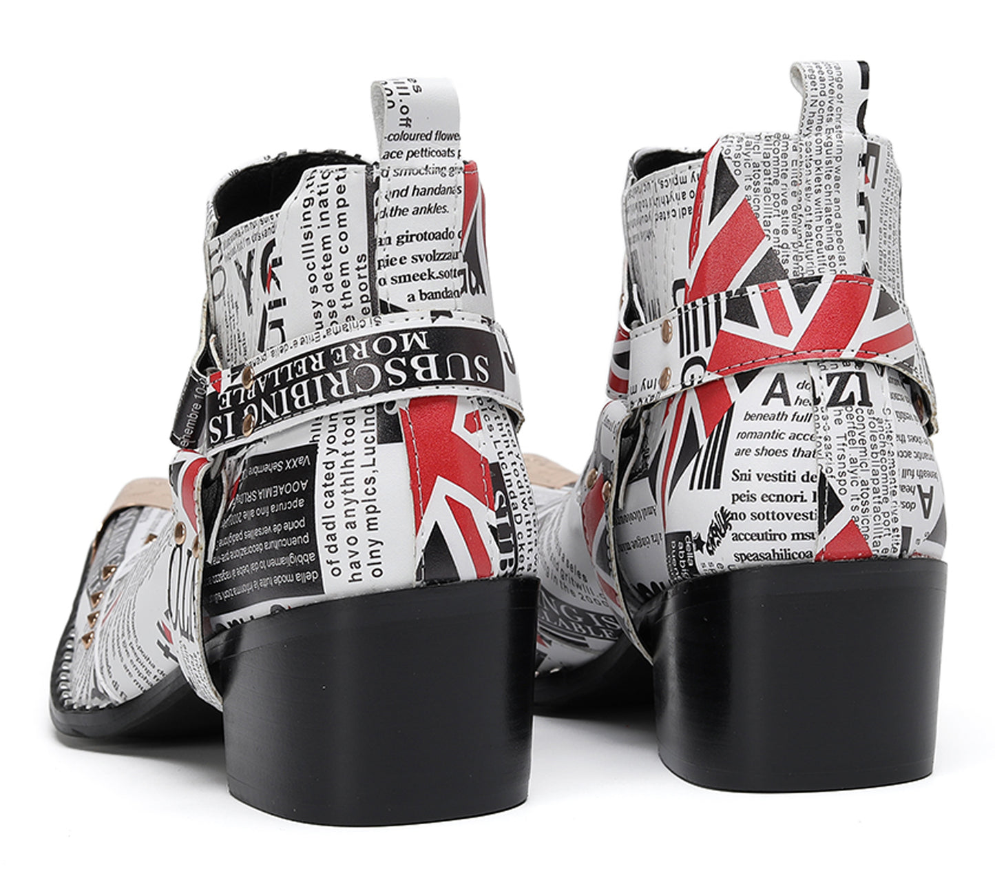 Mens Newspaper Print Union Jack Graphic Studded Ankle Western Chelsea Boots