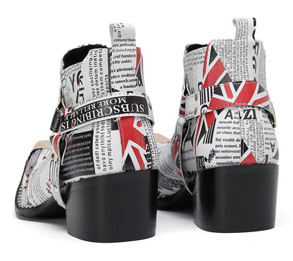 Mens Newspaper Print Union Jack Graphic Studded Ankle Western Chelsea Boots