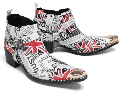 Mens Newspaper Print Union Jack Graphic Studded Ankle Western Chelsea Boots