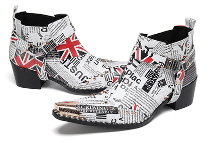 Mens Newspaper Print Union Jack Graphic Studded Ankle Western Chelsea Boots