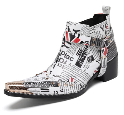 Mens Newspaper Print Union Jack Graphic Studded Ankle Western Chelsea Boots