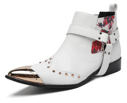 Mens Genuine Leather Pull Up Belt Buckle Metal Tip Ankle Western Boots