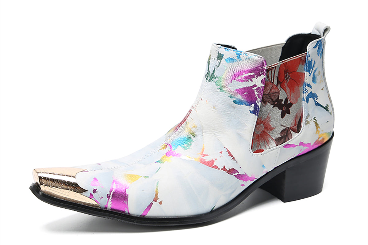 Mens Genuine Leather Metal Pointed Toe Glitter Flowers Ankle Western Chelsea Boots