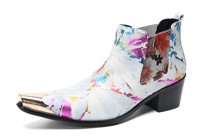 Mens Genuine Leather Metal Pointed Toe Glitter Flowers Ankle Western Chelsea Boots