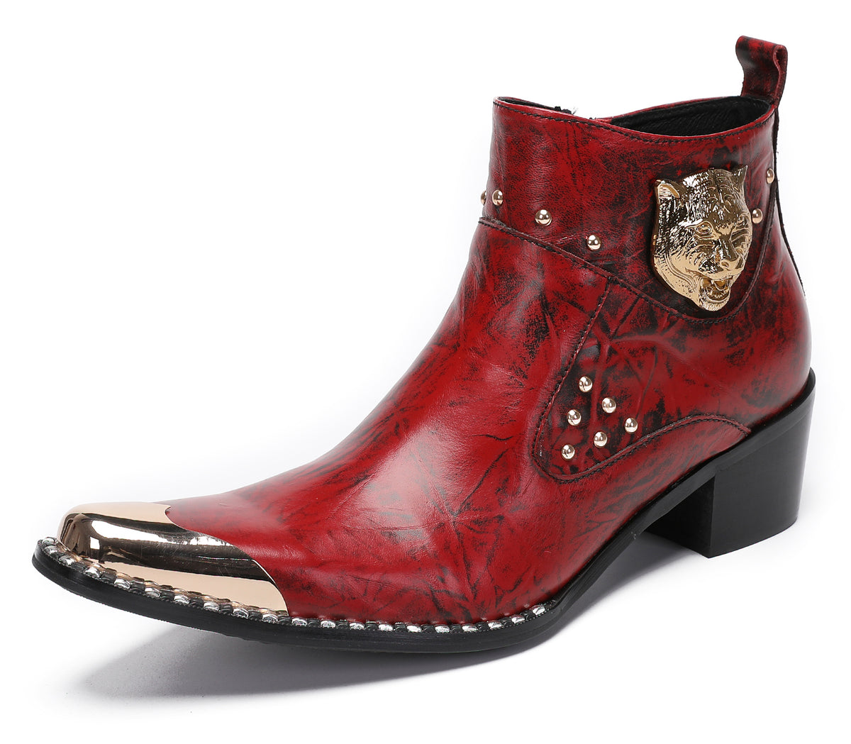 Mens Metal-Tip Toe Zip Tiger's Head Western Boots
