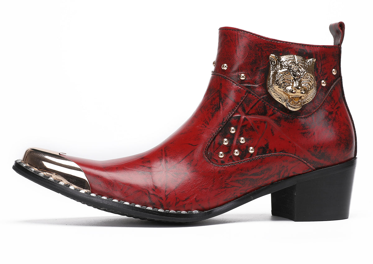 Mens Metal-Tip Toe Zip Tiger's Head Western Boots