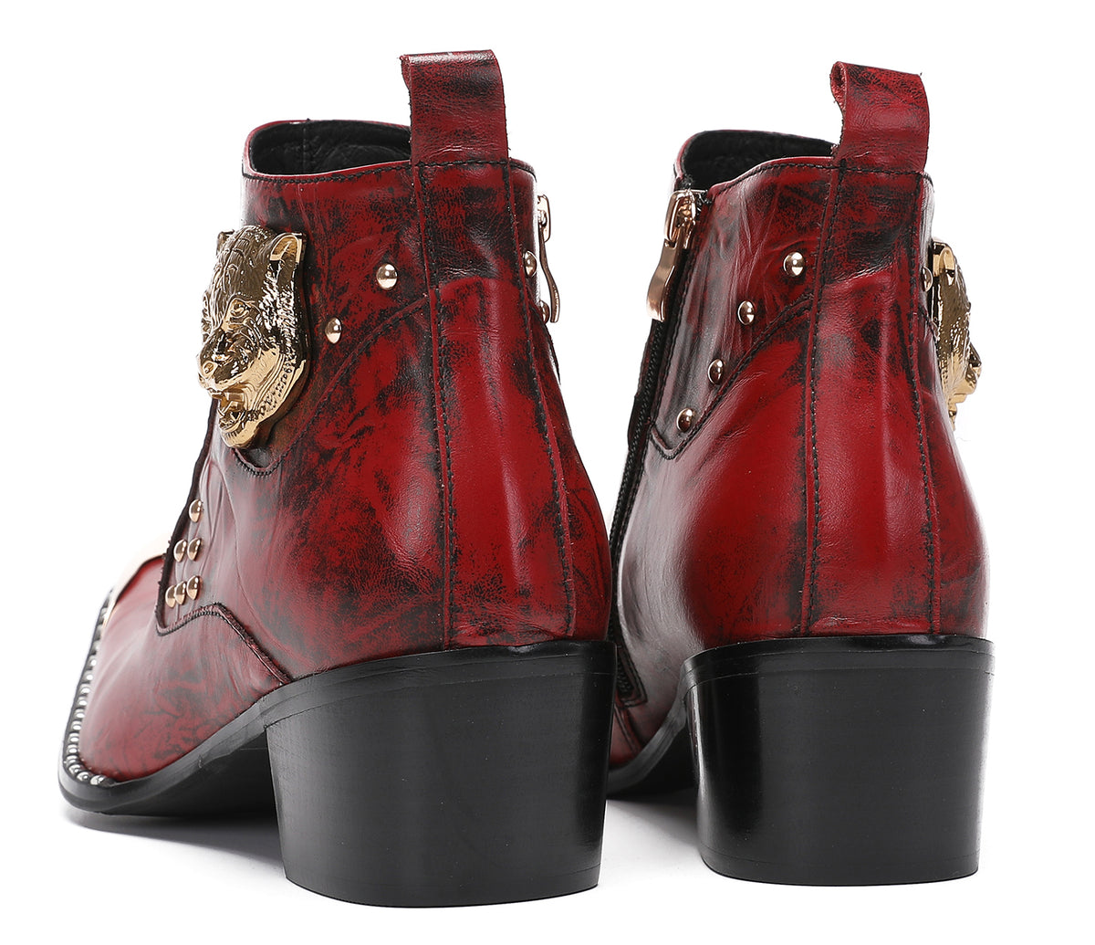 Mens Metal-Tip Toe Zip Tiger's Head Western Boots