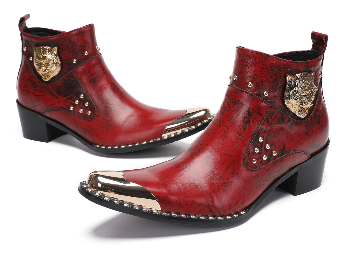 Mens Metal-Tip Toe Zip Tiger's Head Western Boots