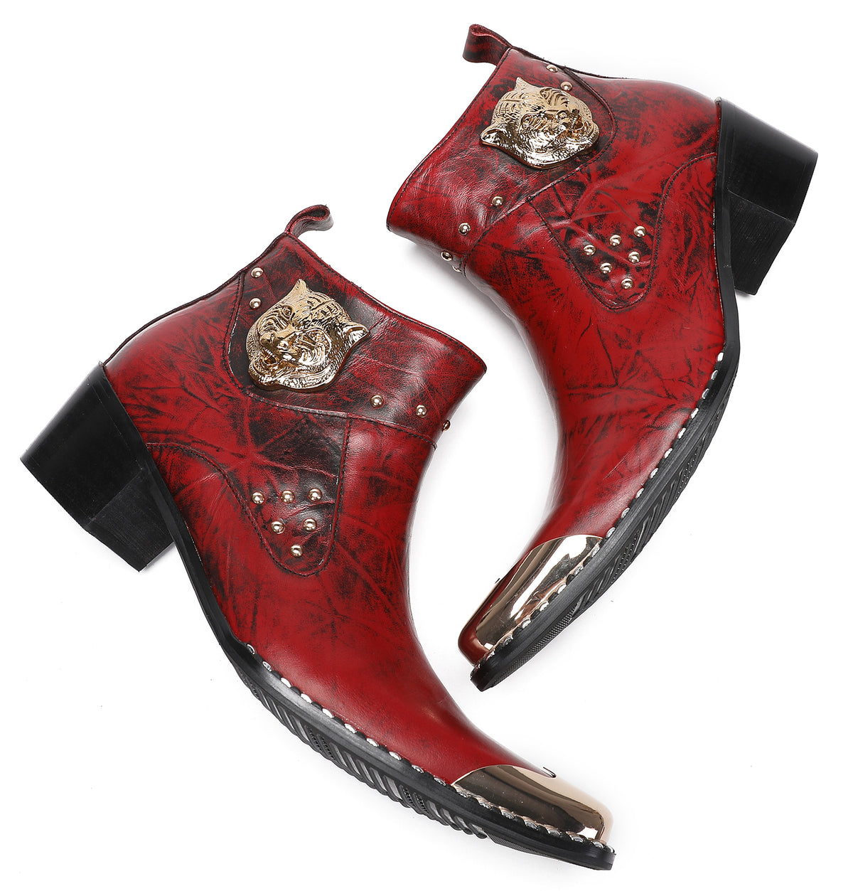 Mens Metal-Tip Toe Zip Tiger's Head Western Boots