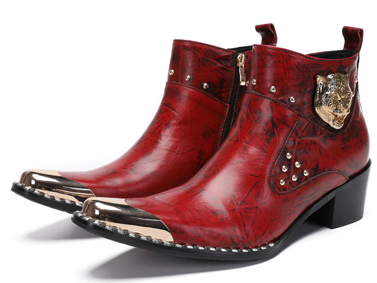 Mens Metal-Tip Toe Zip Tiger's Head Western Boots
