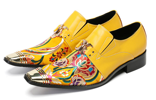 Mens Top-Grain Leather Floral Embroidery Casual Western Loafers