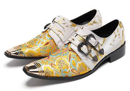 Mens Metal Toe Cap Floral Embroidered Monk Strap Buckle Western Loafers