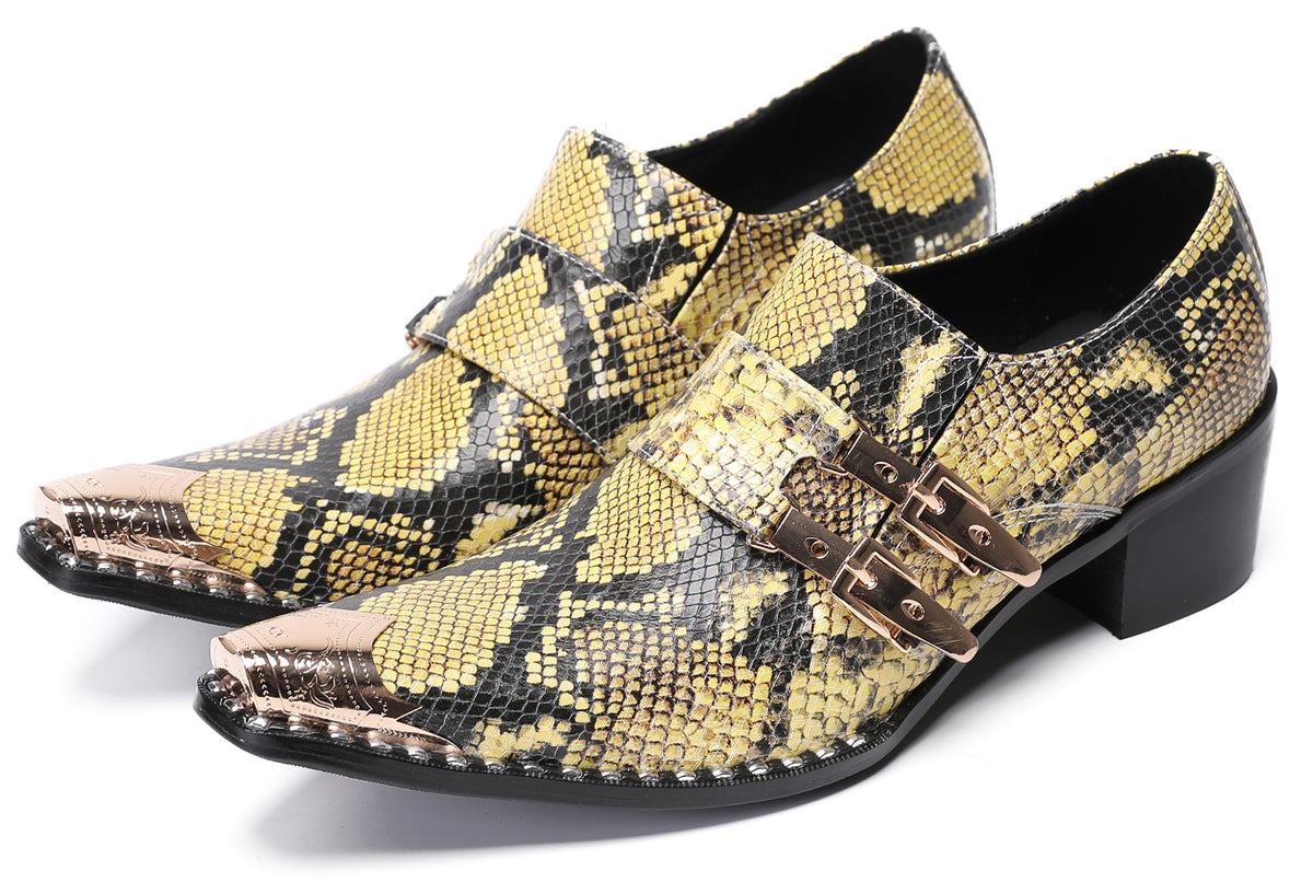 Mens Metal Pointed Toe Snakeskin Texture Monk Western Loafers