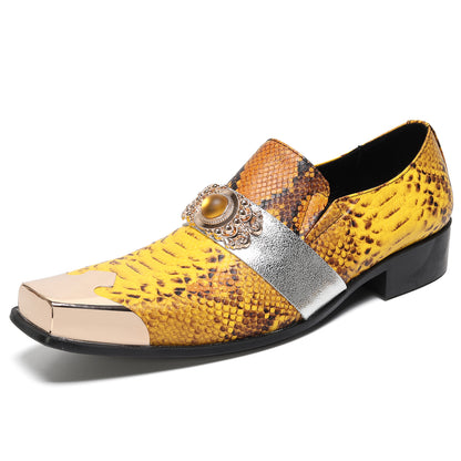 Mens Square Toe Metal Cap Yellow Snakeskin Print Western Loafers