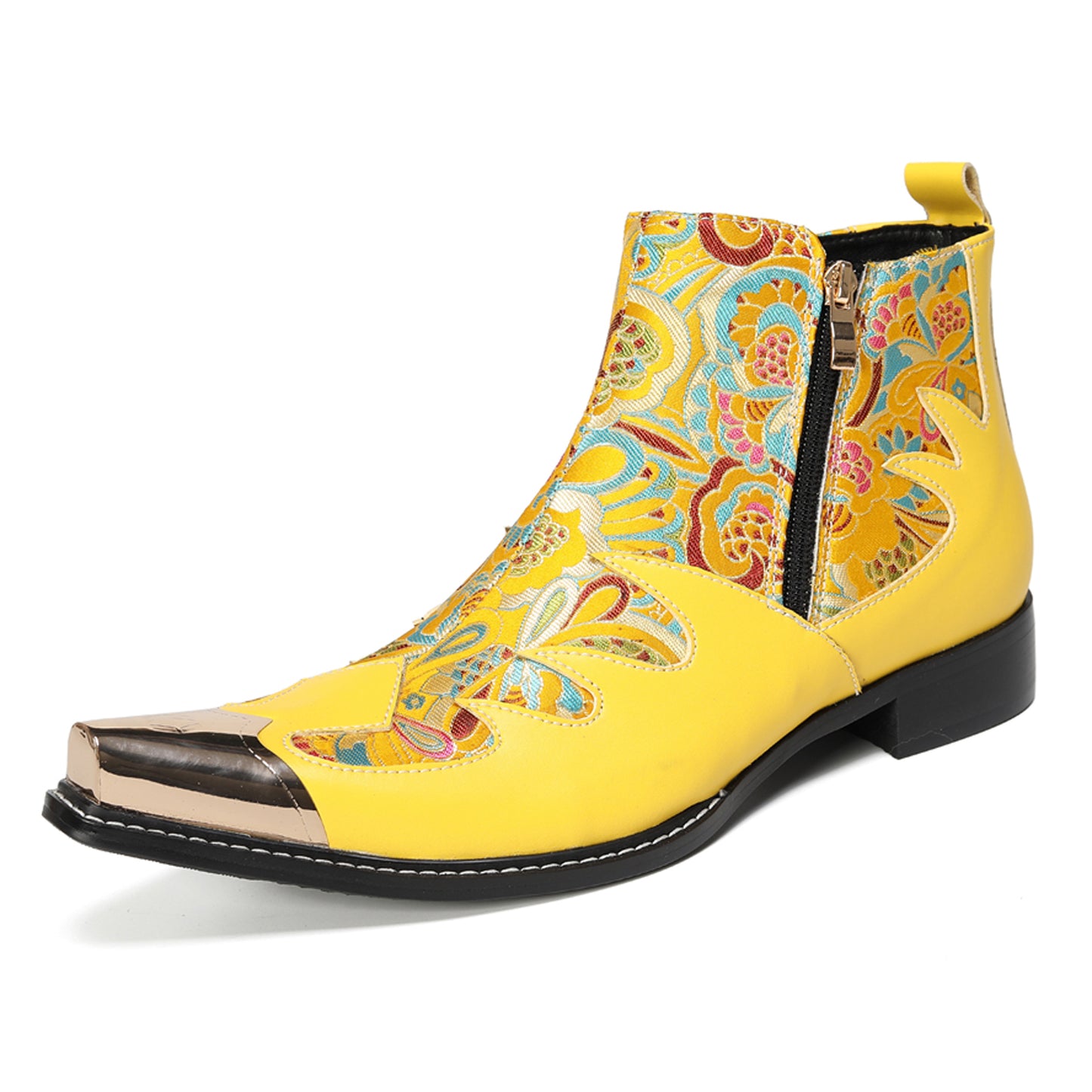 Mens Top-Grain Leather Metal Toe Cap & Floral Brocade Western Boots