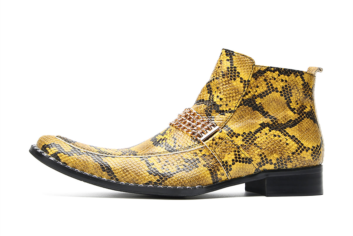 Mens Yellow Snake Print Leather Chain Detail Zipper Bar Ankle Boots