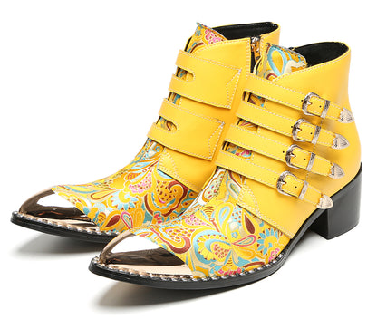 Mens Buckle Strap Floral Embroidery Cowboy Western Boots