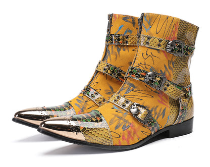 Mens Yellow Snake Print Gothic Punk Rock Skull Rivets Cowboy Western Boots