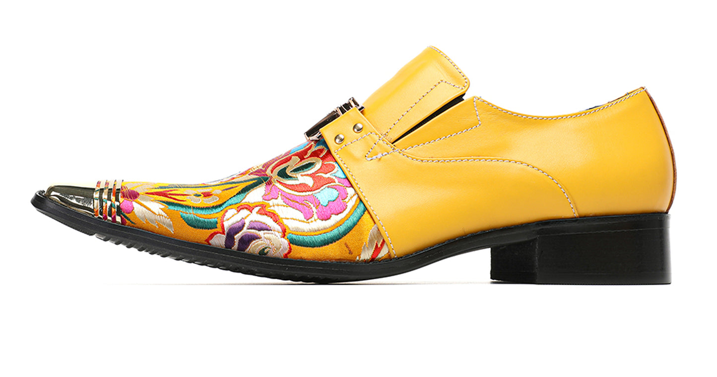 Mens Top-Grain Leather Floral Embroidery Casual Western Loafers