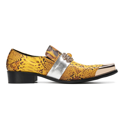 Mens Square Toe Metal Cap Yellow Snakeskin Print Western Loafers