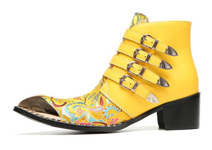 Mens Buckle Strap Floral Embroidery Cowboy Western Boots