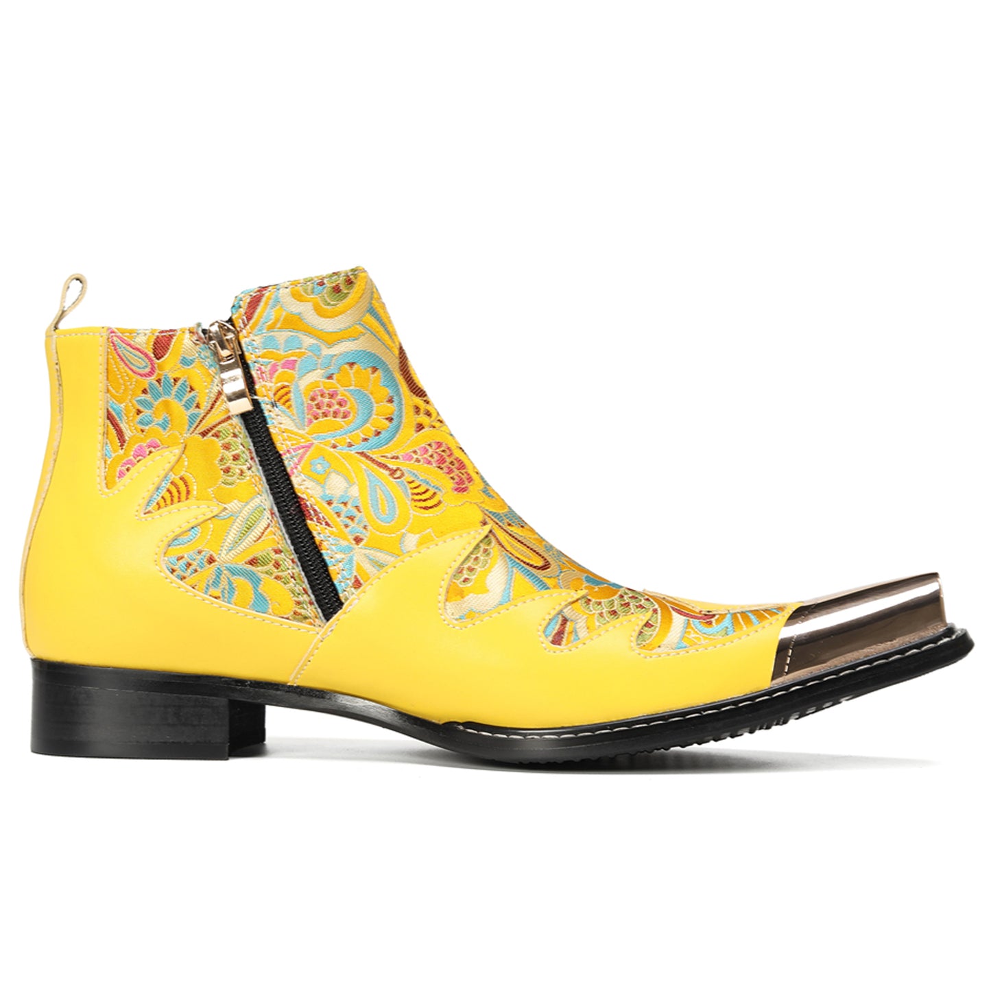 Mens Top-Grain Leather Metal Toe Cap & Floral Brocade Western Boots