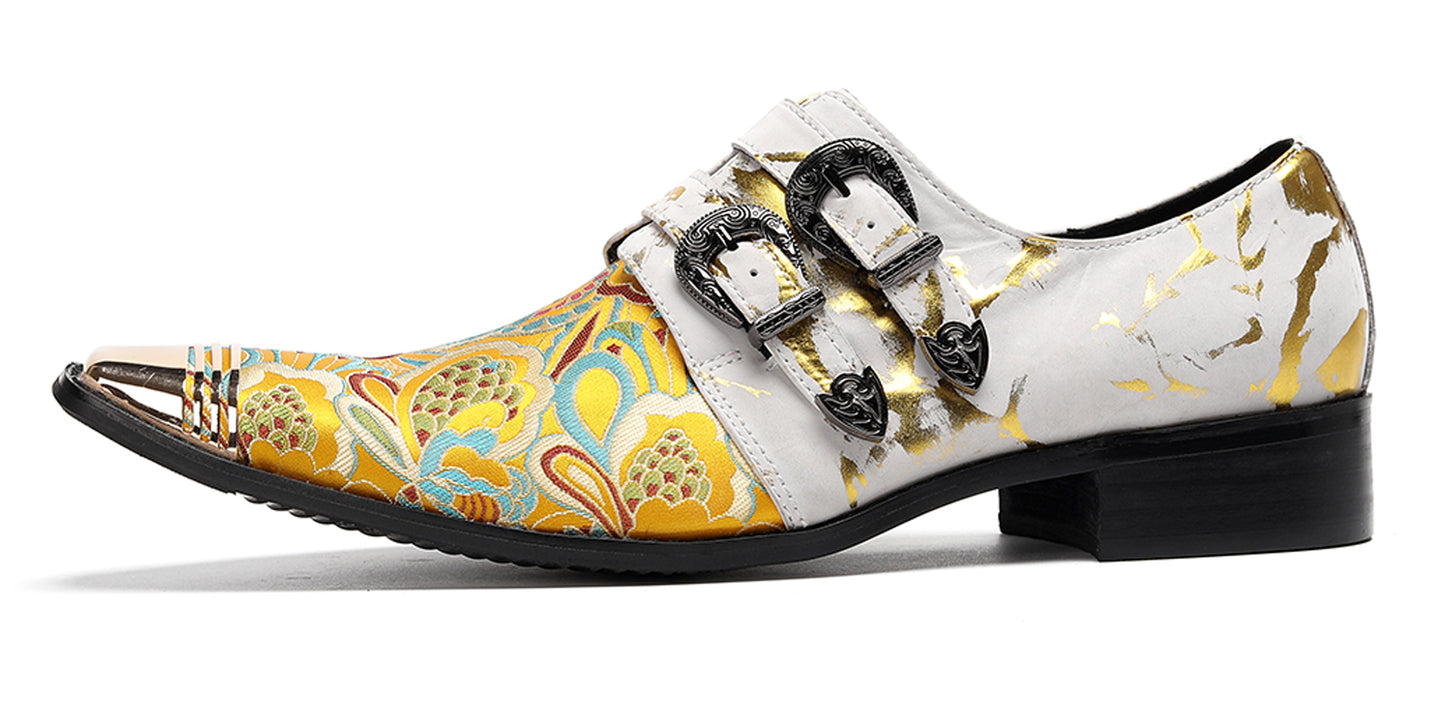 Mens Metal Toe Cap Floral Embroidered Monk Strap Buckle Western Loafers