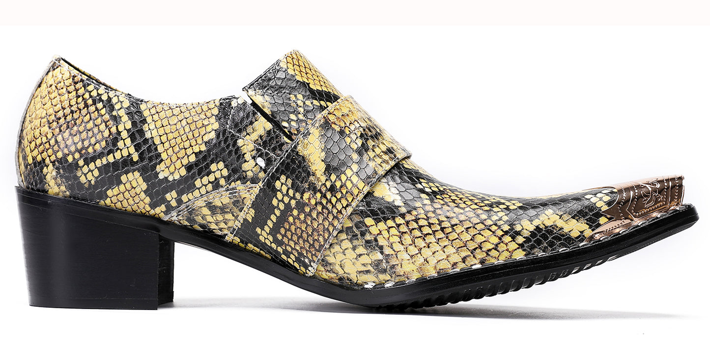 Mens Metal Pointed Toe Snakeskin Texture Monk Western Loafers