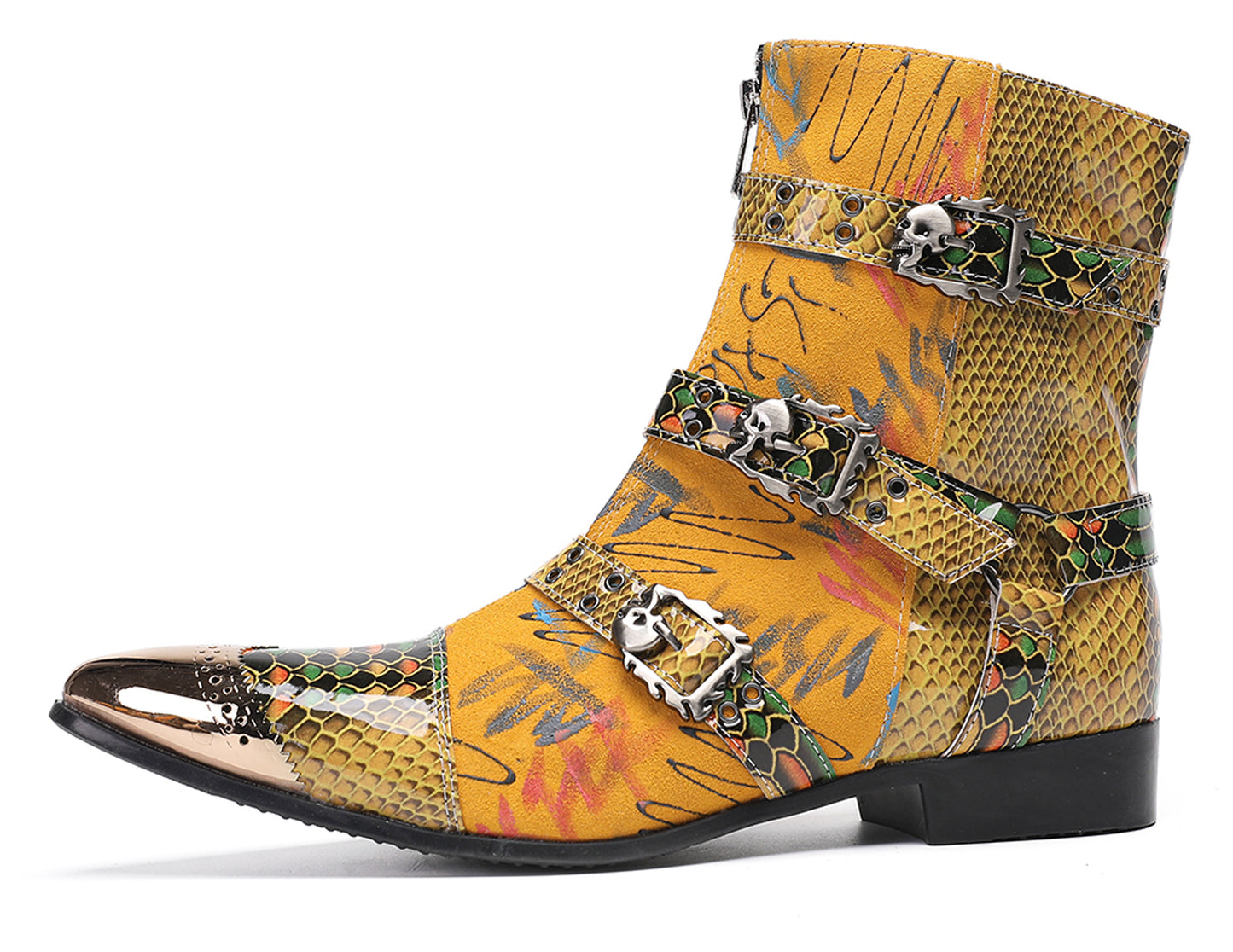 Mens Yellow Snake Print Gothic Punk Rock Skull Rivets Cowboy Western Boots