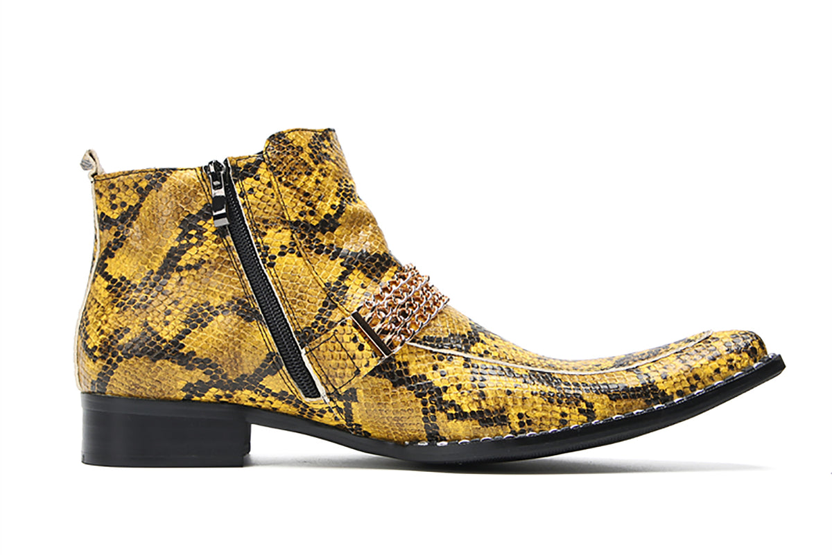 Mens Yellow Snake Print Leather Chain Detail Zipper Bar Ankle Boots