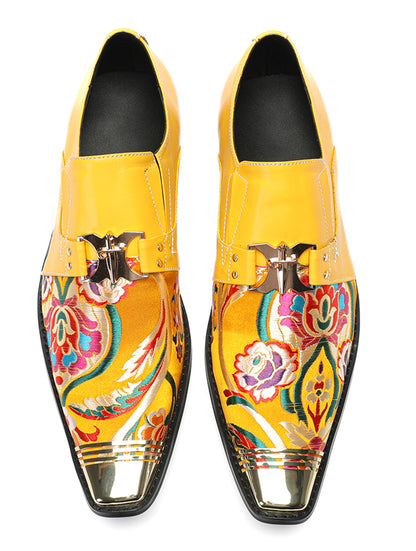 Mens Top-Grain Leather Floral Embroidery Casual Western Loafers