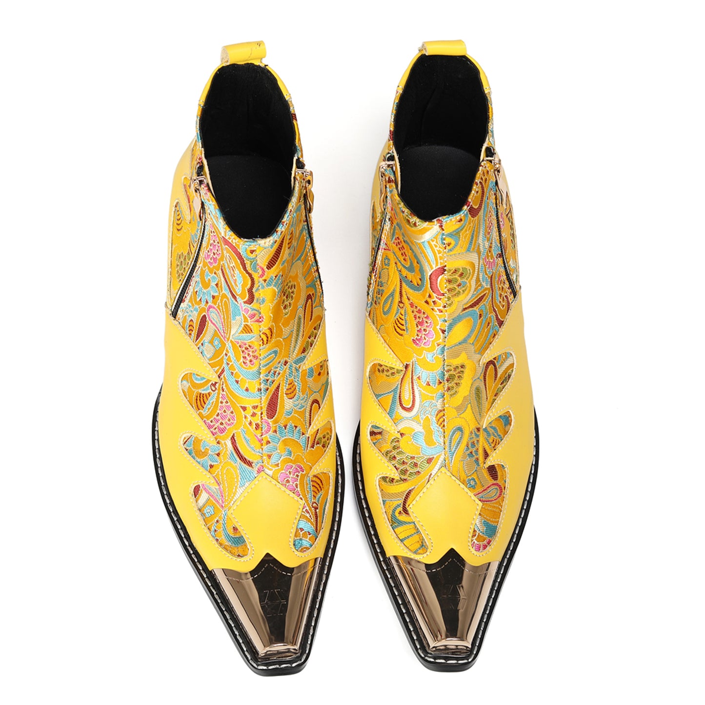 Mens Top-Grain Leather Metal Toe Cap & Floral Brocade Western Boots