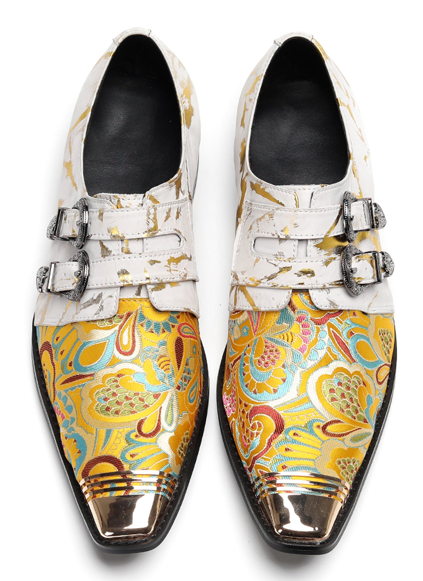 Mens Metal Toe Cap Floral Embroidered Monk Strap Buckle Western Loafers