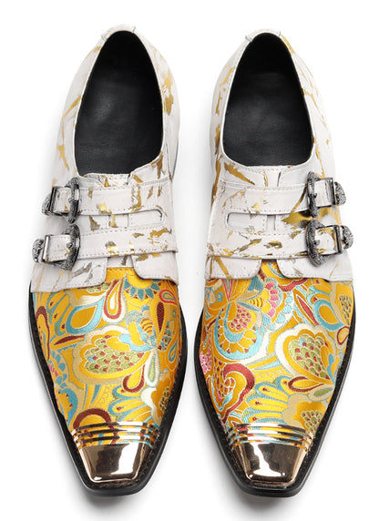 Mens Metal Toe Cap Floral Embroidered Monk Strap Buckle Western Loafers