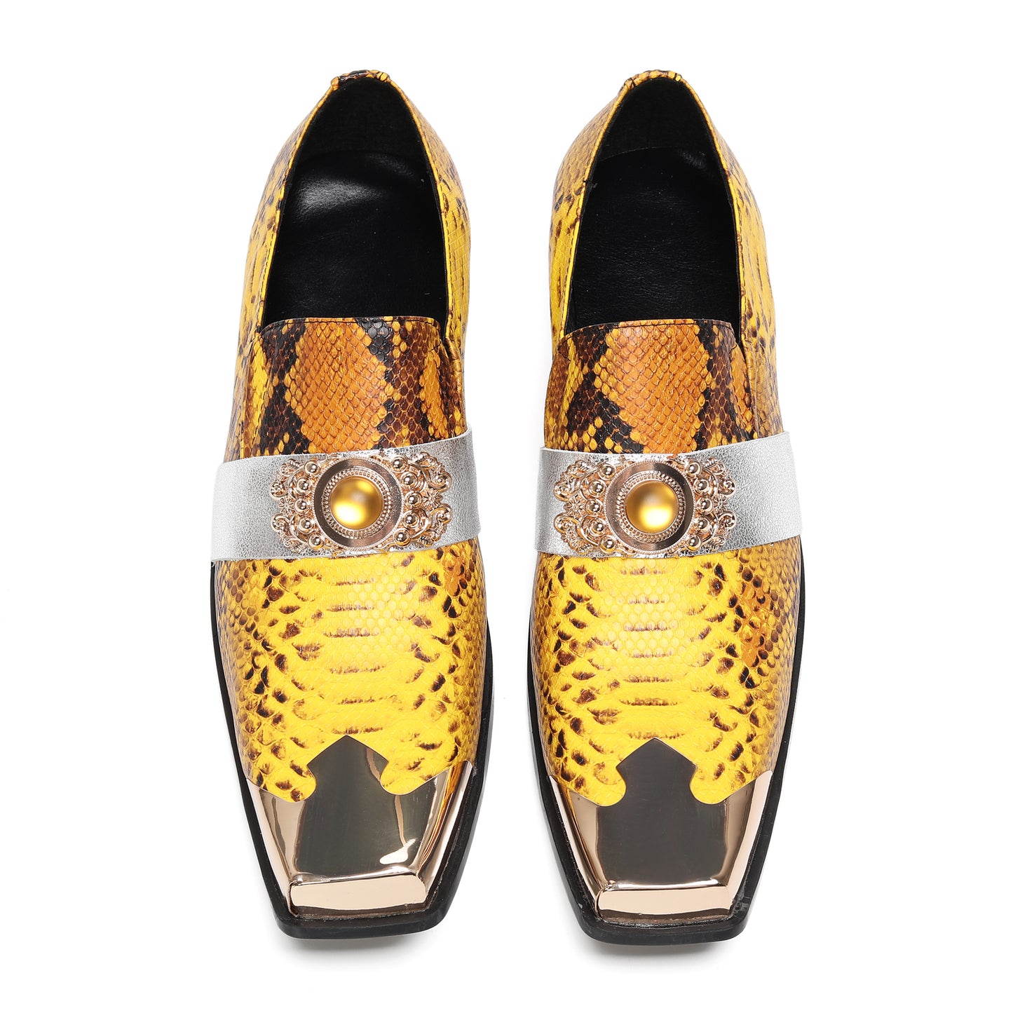 Mens Square Toe Metal Cap Yellow Snakeskin Print Western Loafers