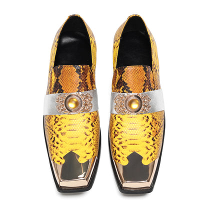 Mens Square Toe Metal Cap Yellow Snakeskin Print Western Loafers