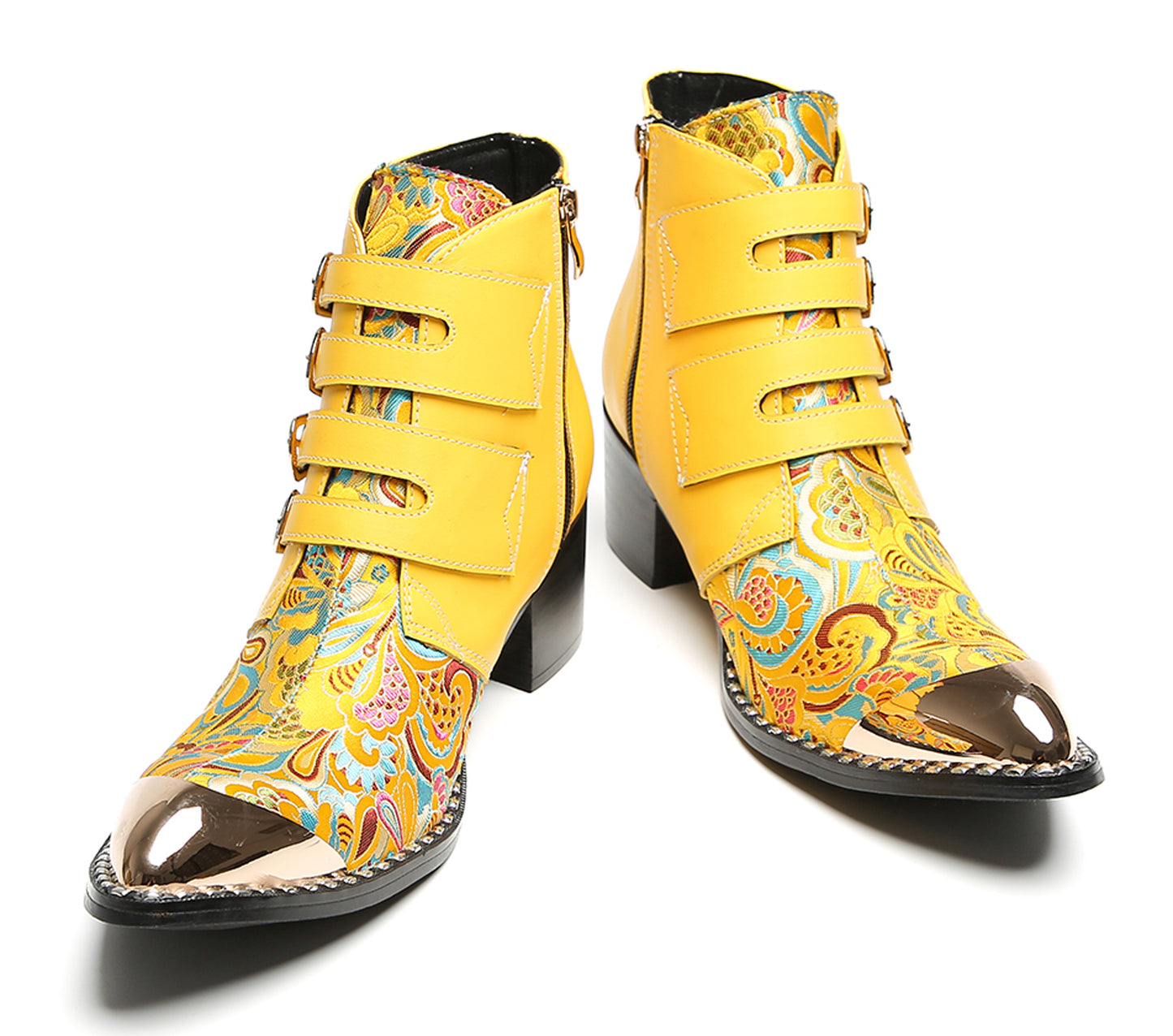 Mens Buckle Strap Floral Embroidery Cowboy Western Boots