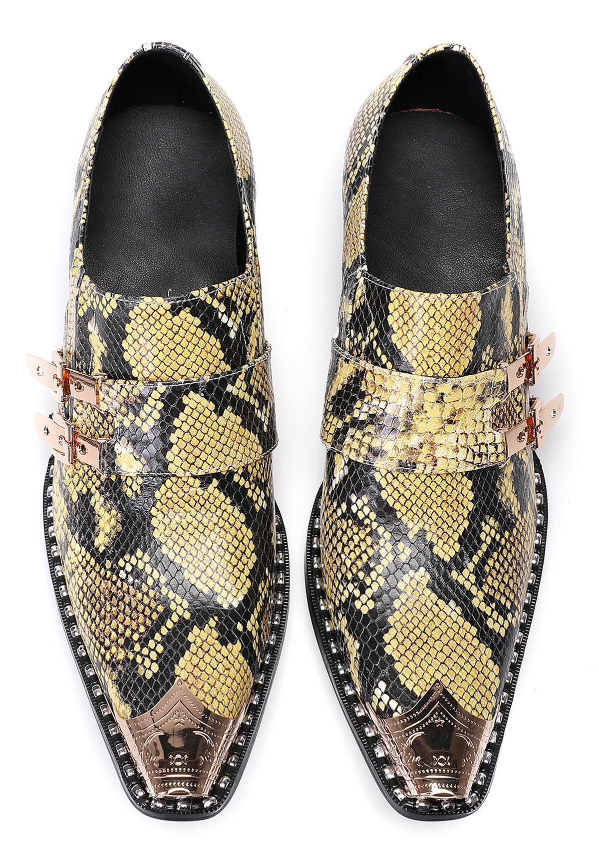Mens Metal Pointed Toe Snakeskin Texture Monk Western Loafers