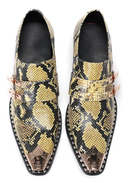 Mens Metal Pointed Toe Snakeskin Texture Monk Western Loafers