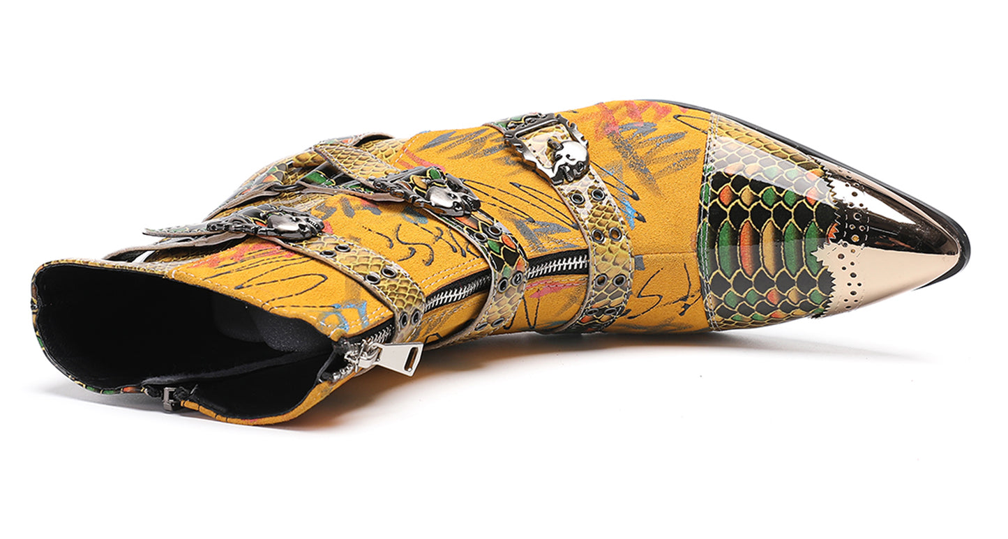 Mens Yellow Snake Print Gothic Punk Rock Skull Rivets Cowboy Western Boots